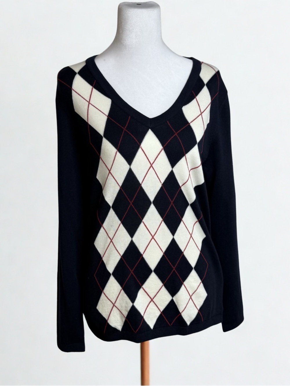 Tommy Hilfiger Black V-Neck Argyle Sweater with Cream and Red Accents